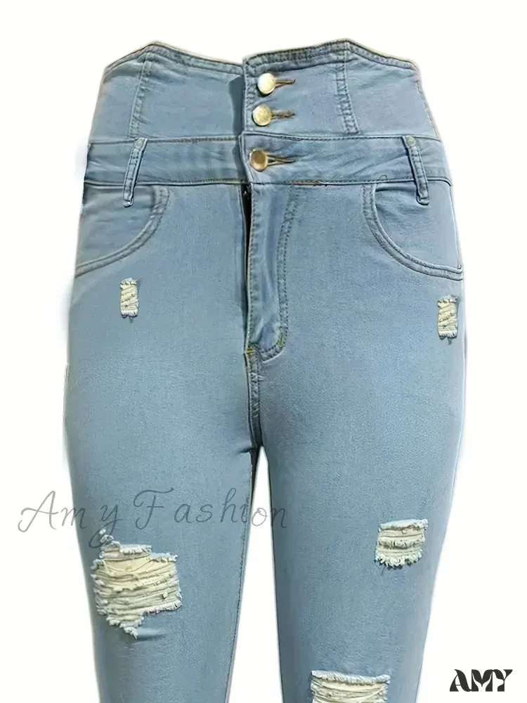 Amy Fashion - Ripped Holes Casual Skinny Autumn Slash Pockets Distressed Single-Breasted Button High Waist Denim Jean
