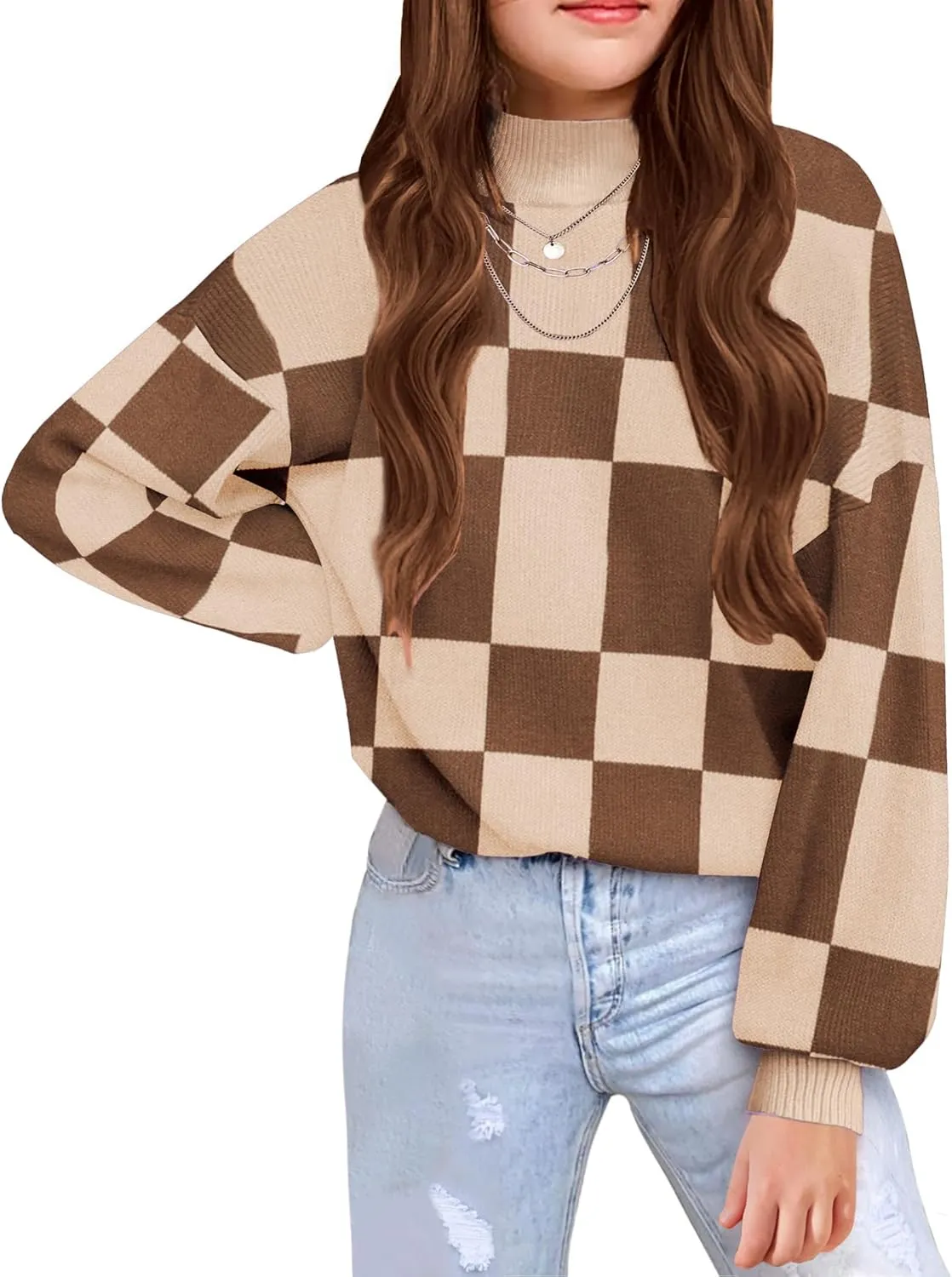 Arshiner Girls Mock Neck Sweater Casual Latern Sleeve Knit Jumper Tops