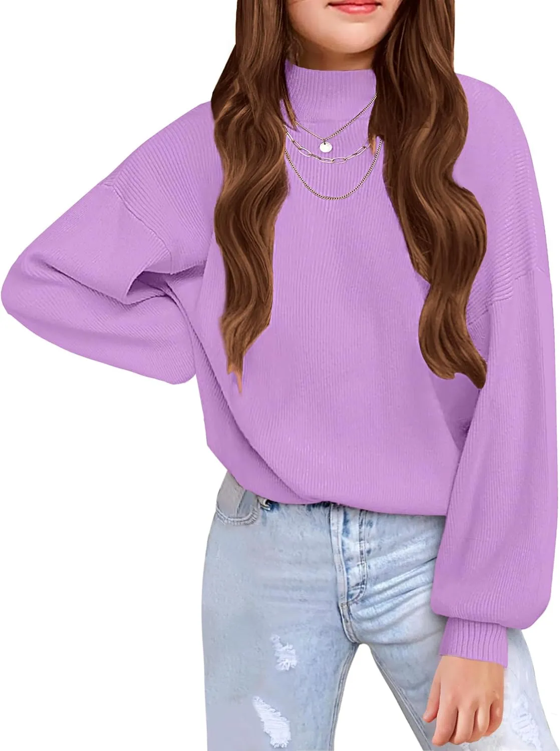 Arshiner Girls Mock Neck Sweater Casual Latern Sleeve Knit Jumper Tops