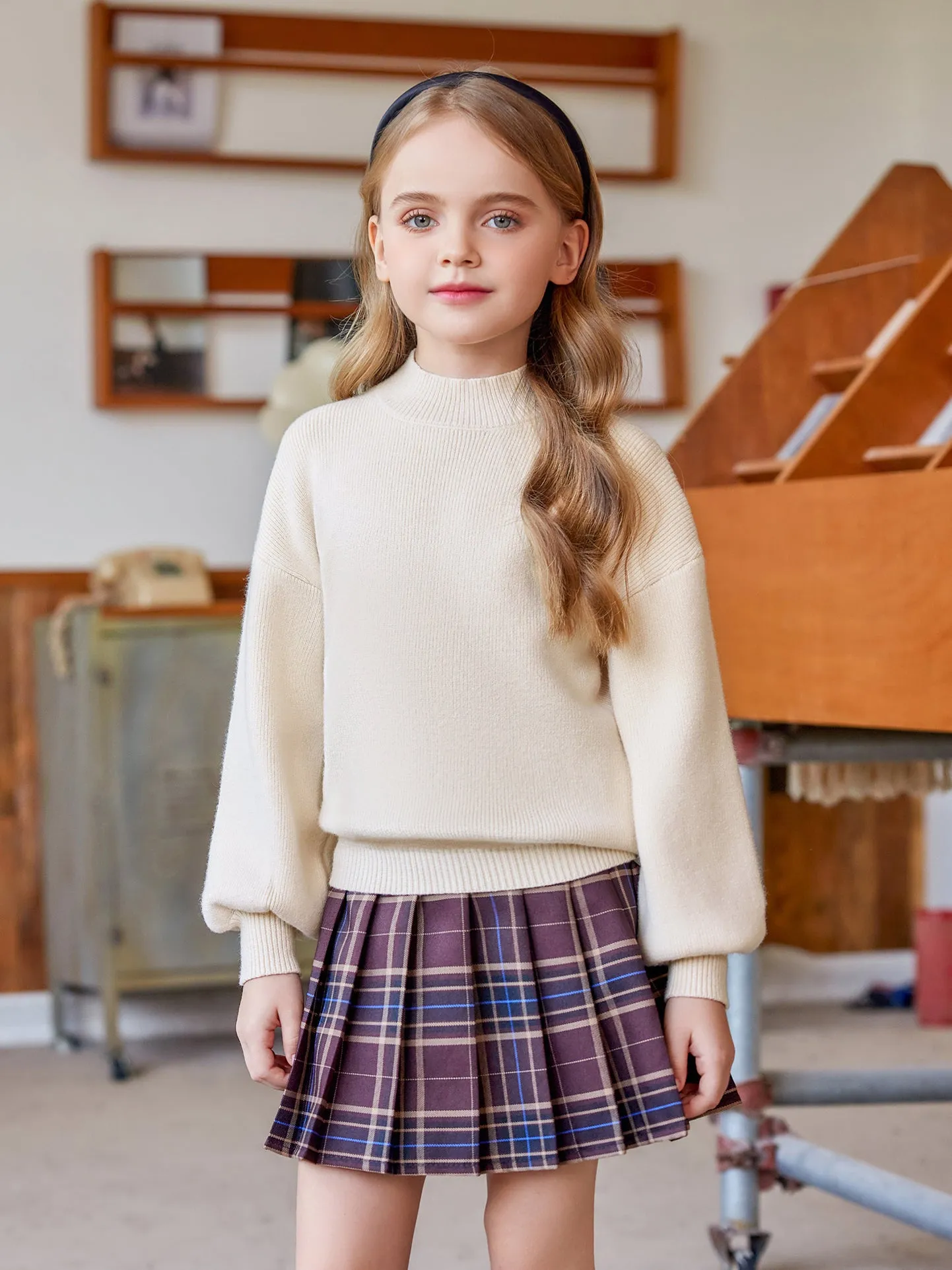 Arshiner Girls Mock Neck Sweater Casual Latern Sleeve Knit Jumper Tops