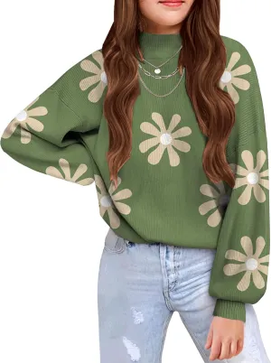 Arshiner Girls Mock Neck Sweater Casual Latern Sleeve Knit Jumper Tops