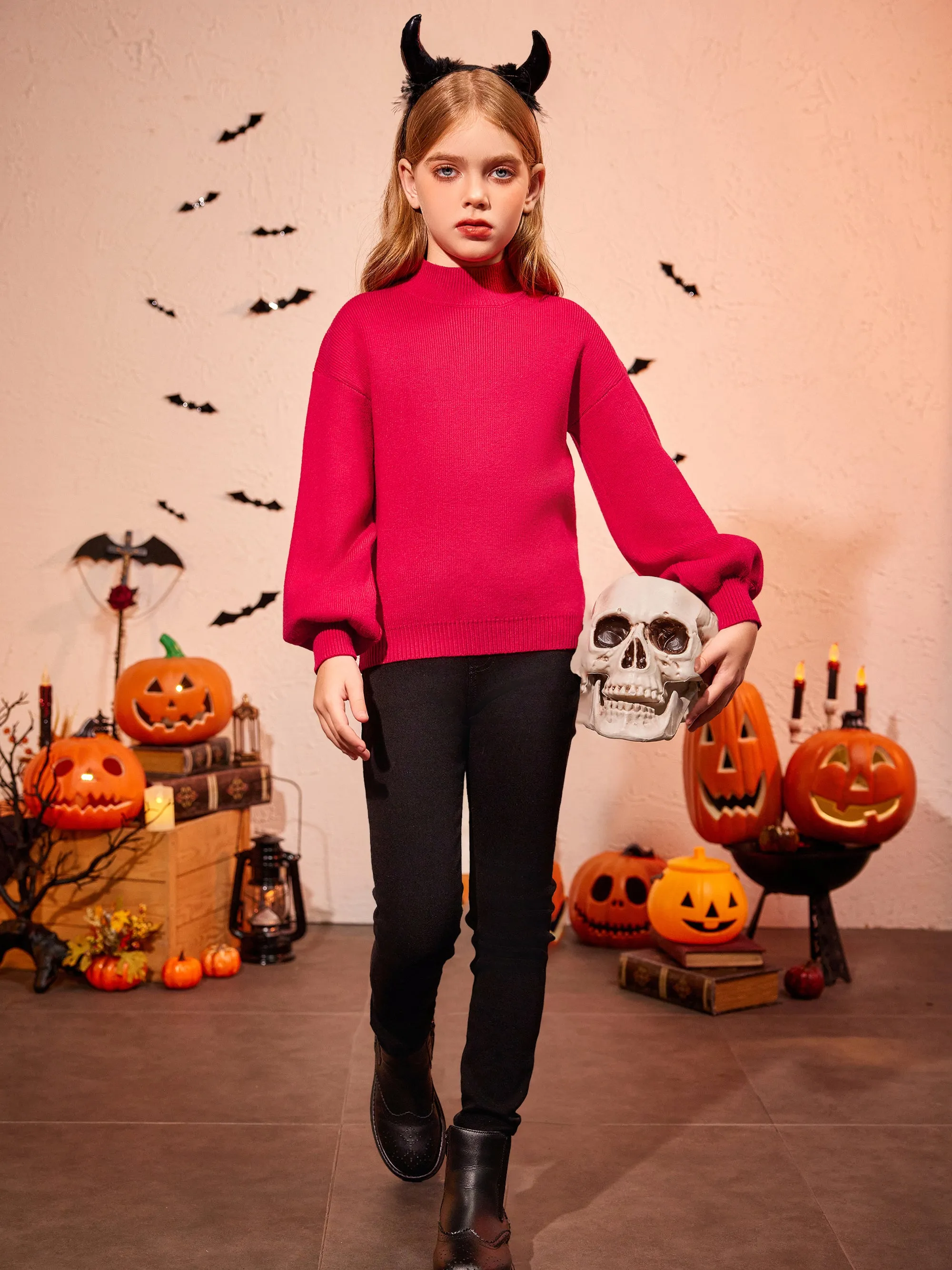 Arshiner Girls Mock Neck Sweater Casual Latern Sleeve Knit Jumper Tops