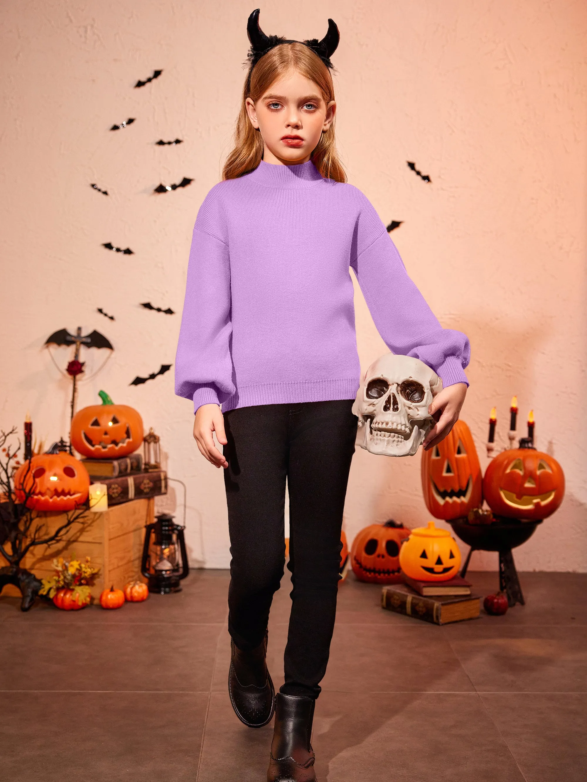 Arshiner Girls Mock Neck Sweater Casual Latern Sleeve Knit Jumper Tops