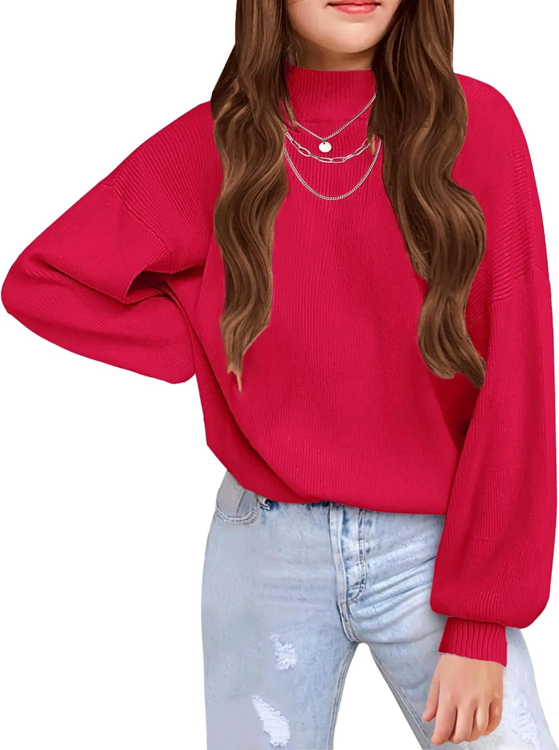 Arshiner Girls Mock Neck Sweater Casual Latern Sleeve Knit Jumper Tops