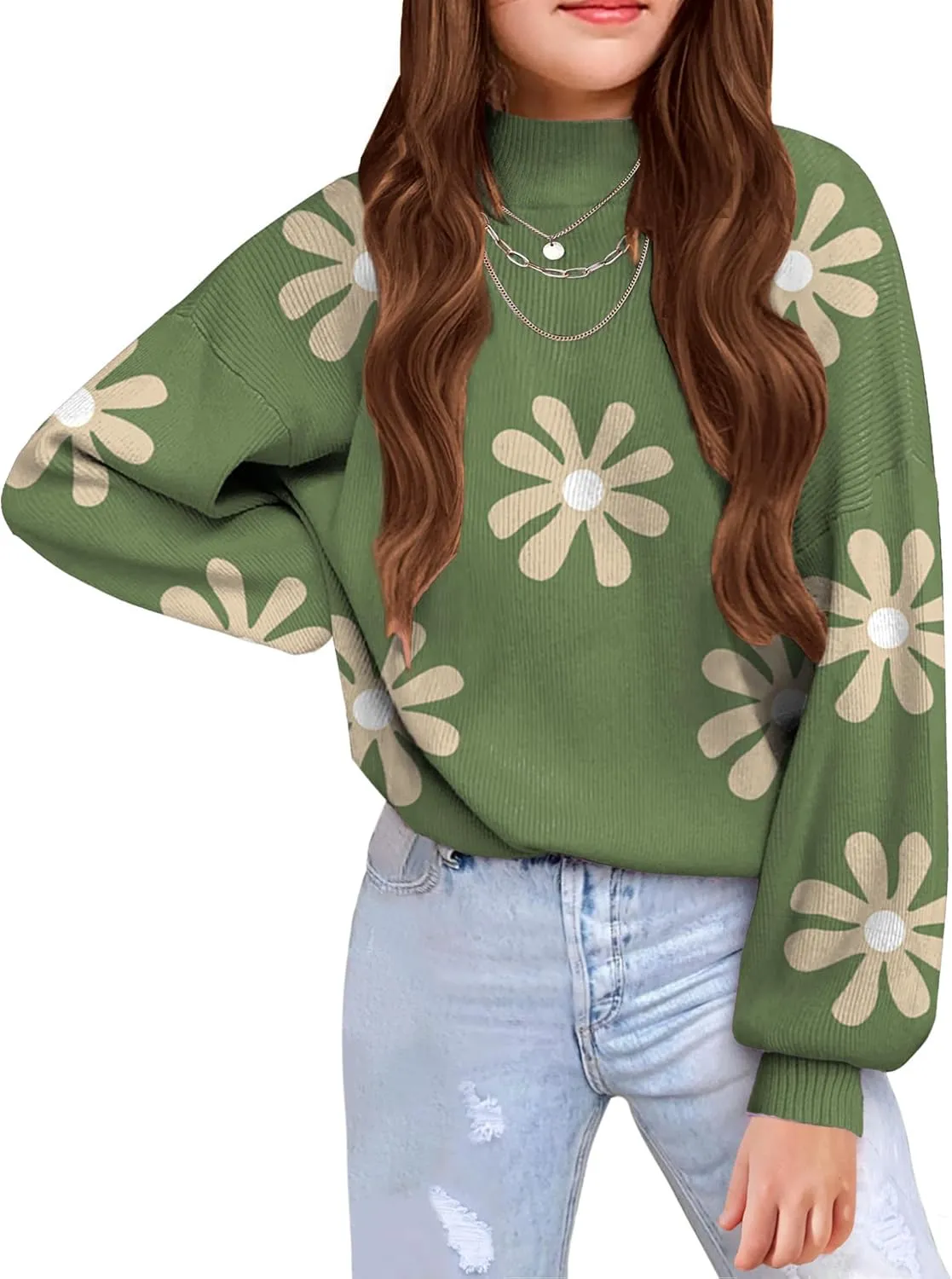 Arshiner Girls Mock Neck Sweater Casual Latern Sleeve Knit Jumper Tops