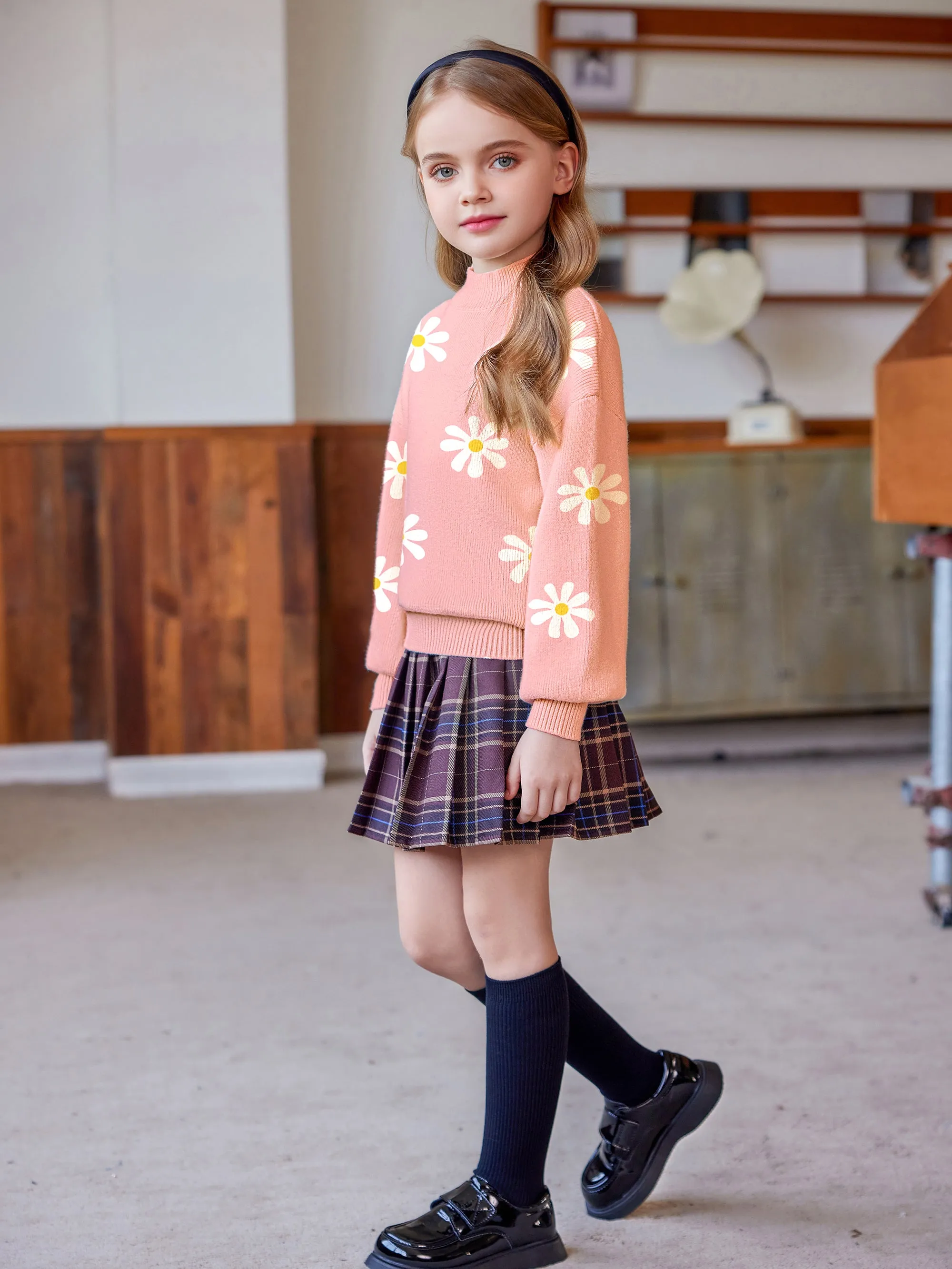 Arshiner Girls Mock Neck Sweater Casual Latern Sleeve Knit Jumper Tops