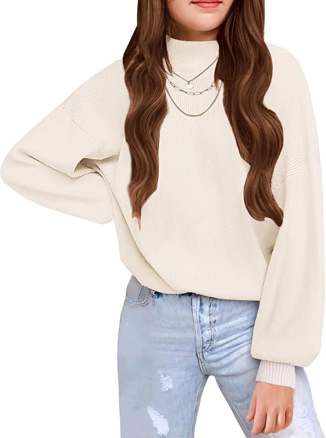 Arshiner Girls Mock Neck Sweater Casual Latern Sleeve Knit Jumper Tops