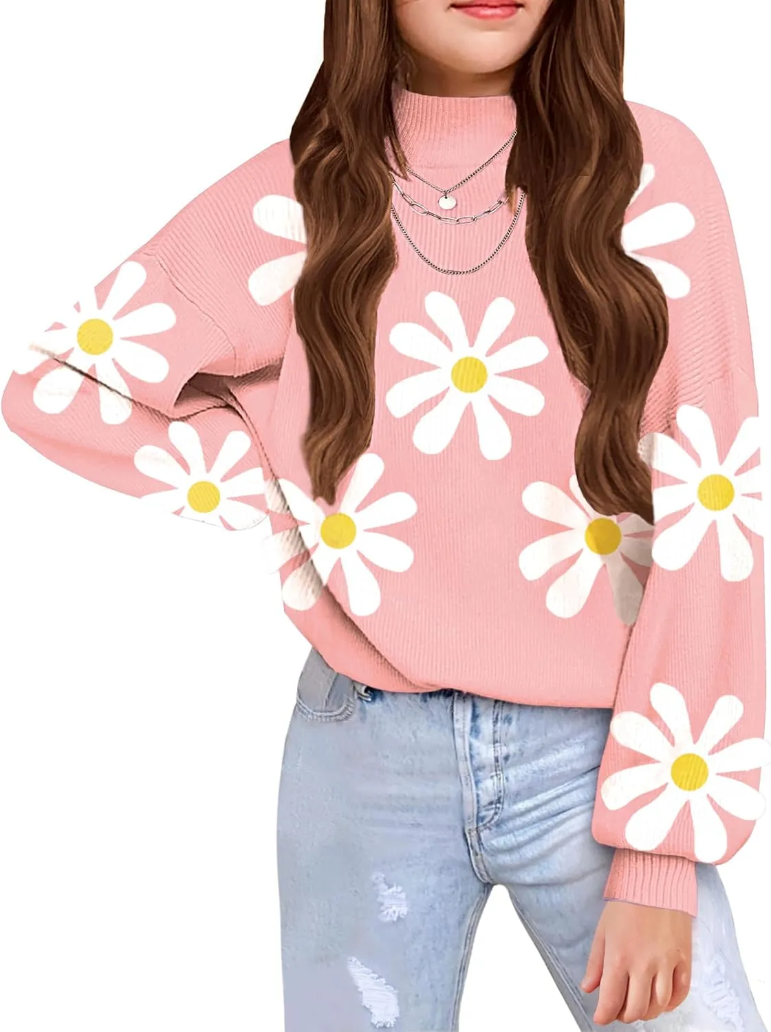 Arshiner Girls Mock Neck Sweater Casual Latern Sleeve Knit Jumper Tops