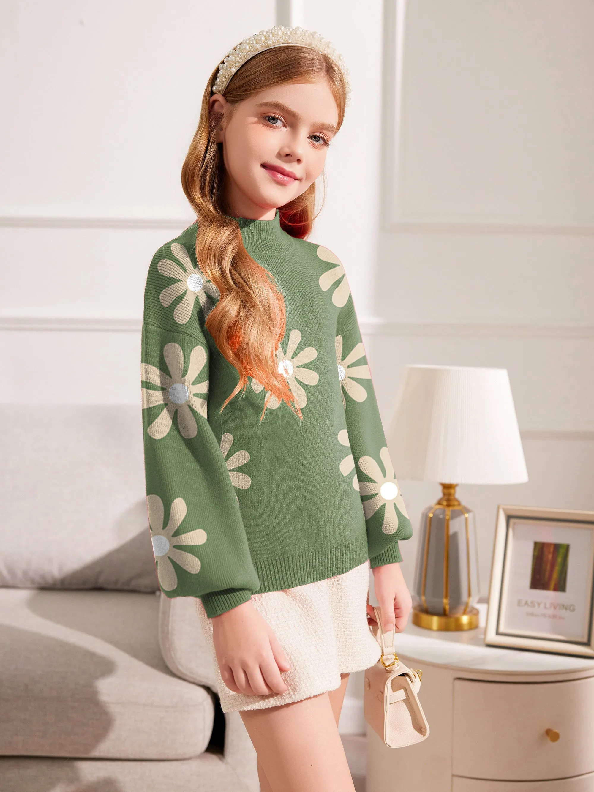 Arshiner Girls Mock Neck Sweater Casual Latern Sleeve Knit Jumper Tops