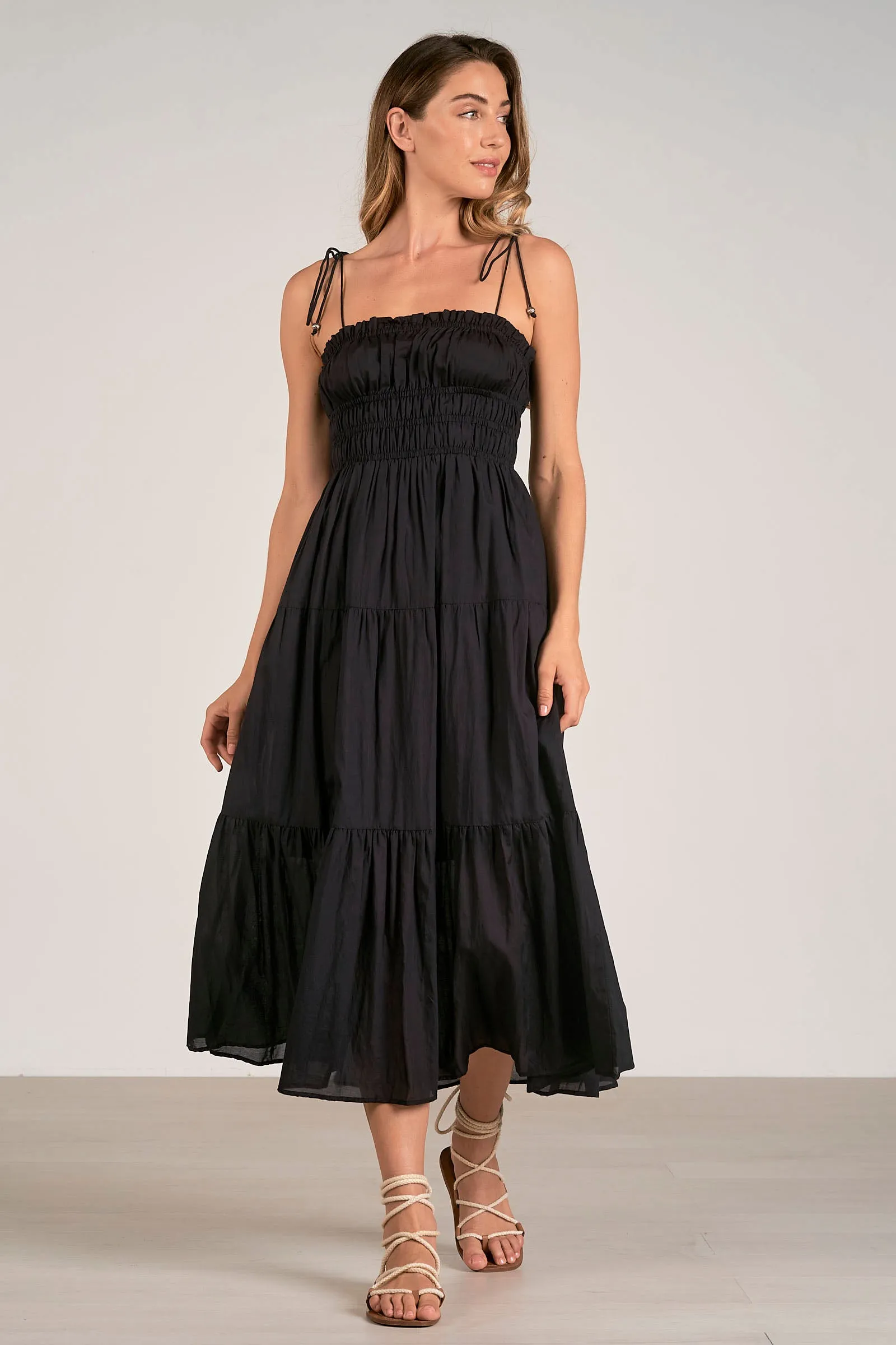 Black Smocked Midi Dress
