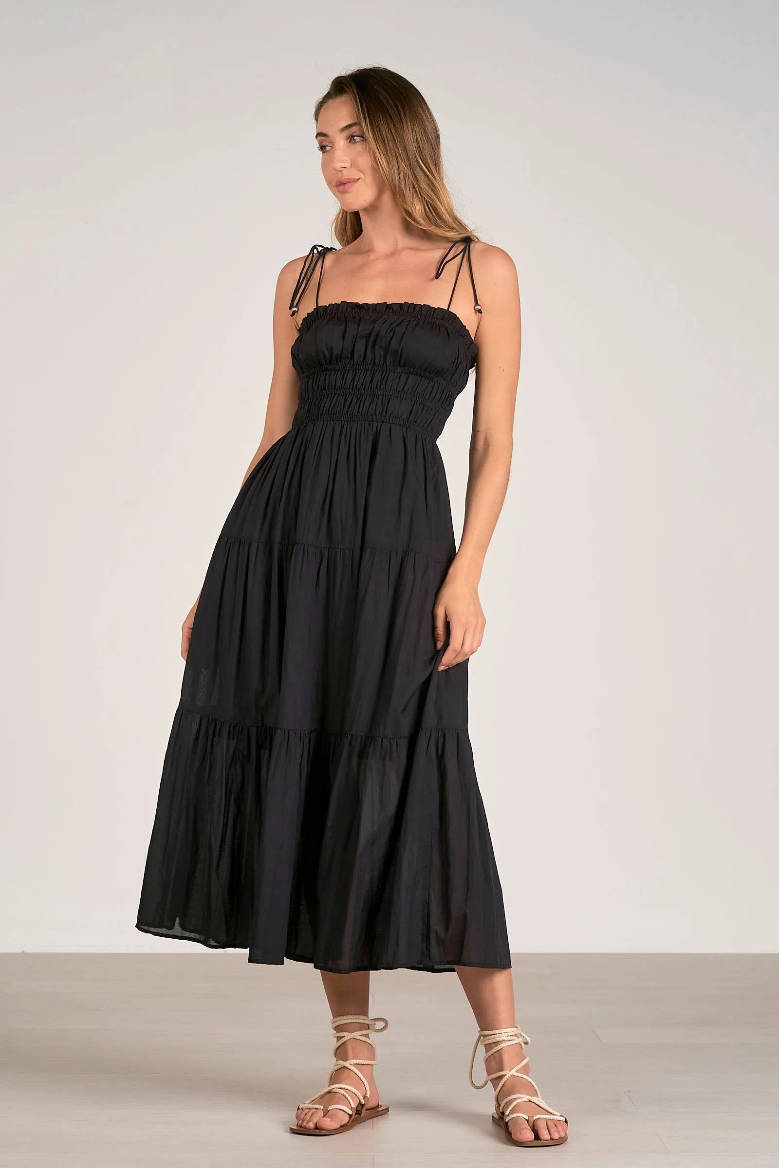 Black Smocked Midi Dress