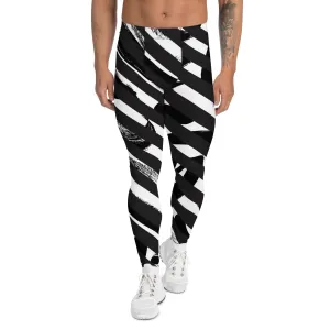 Black White Diagonally Striped Meggings, Best Chic Designer Abstract Men's Leggings For Men - Made in USA/EU/MX
