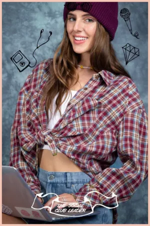 Cuff Detail Plaid Oversized Button Up | Wine Mix