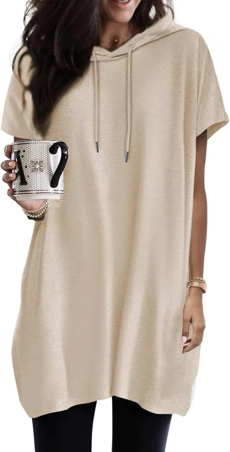 Dokotoo Womens Tops Dressy Casual Short Sleeve Oversized Tshirts Summer Hoodie Dress Tunics Tops Loose Fit Long Shirts