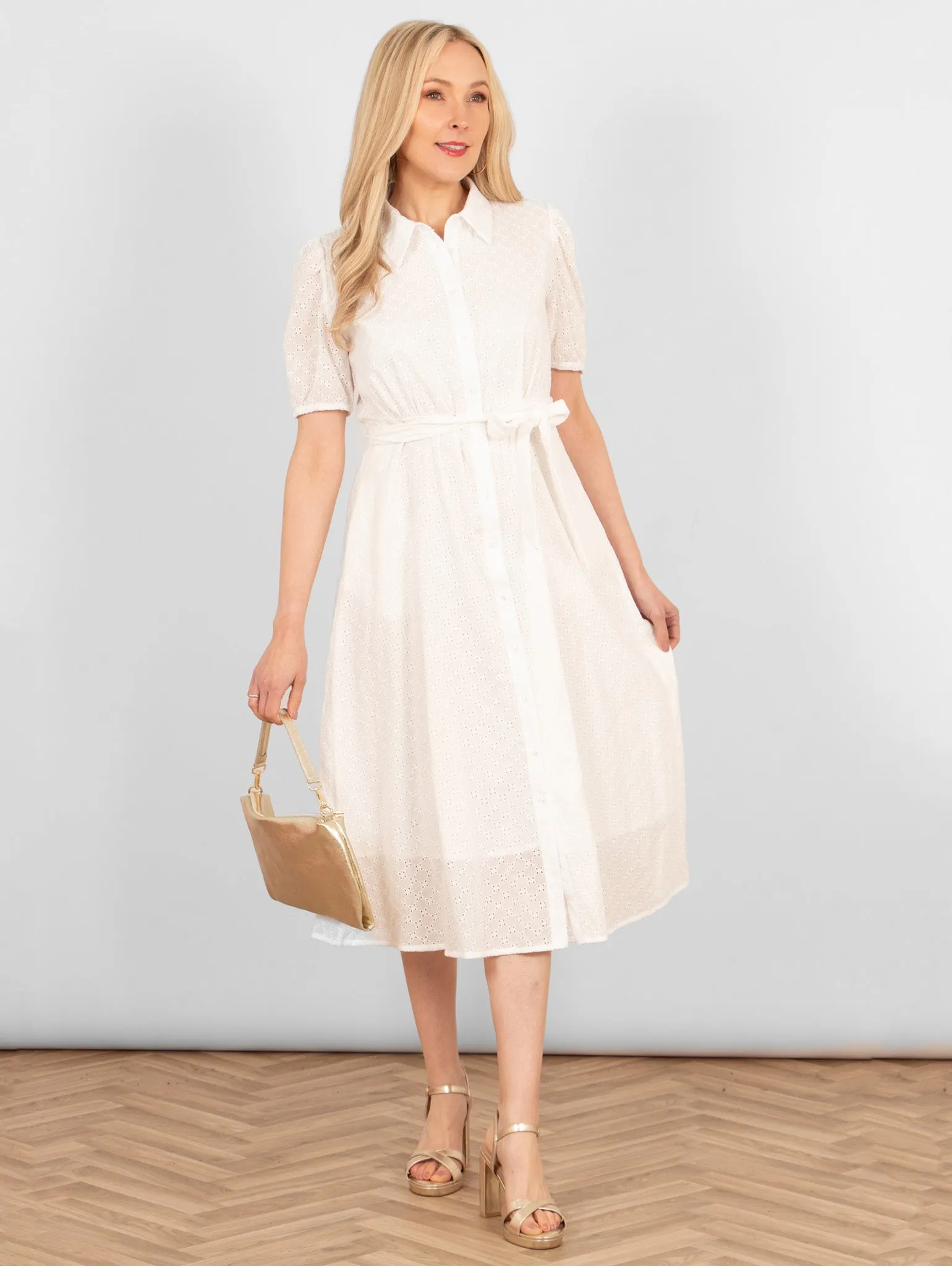 Elodie Cotton Fitted Midi Shirt Dress - White, Broderie Anglaise