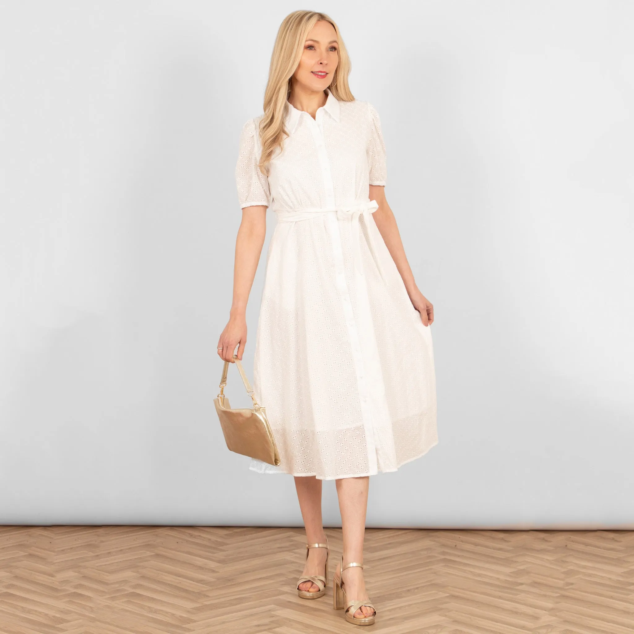 Elodie Cotton Fitted Midi Shirt Dress - White, Broderie Anglaise