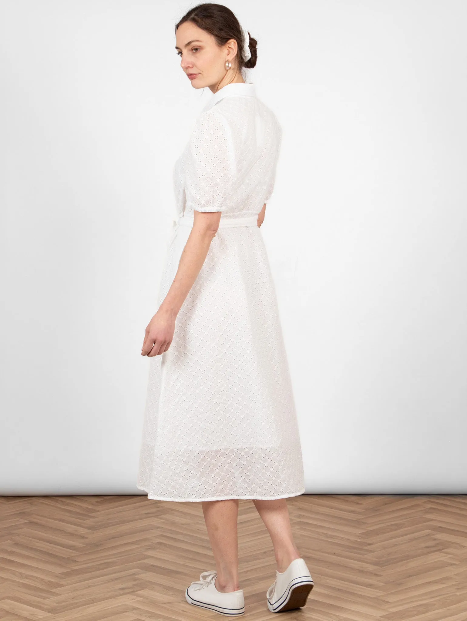Elodie Cotton Fitted Midi Shirt Dress - White, Broderie Anglaise