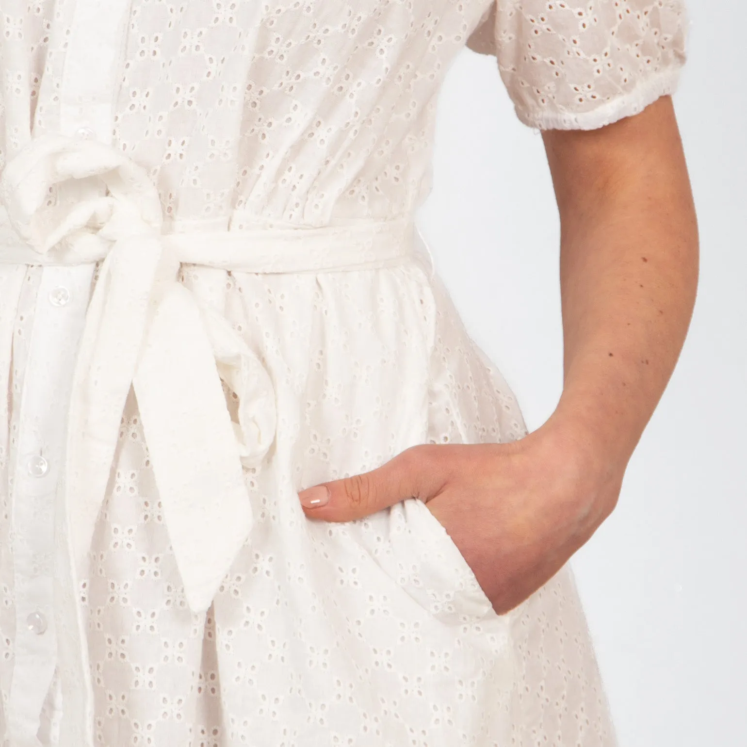 Elodie Cotton Fitted Midi Shirt Dress - White, Broderie Anglaise