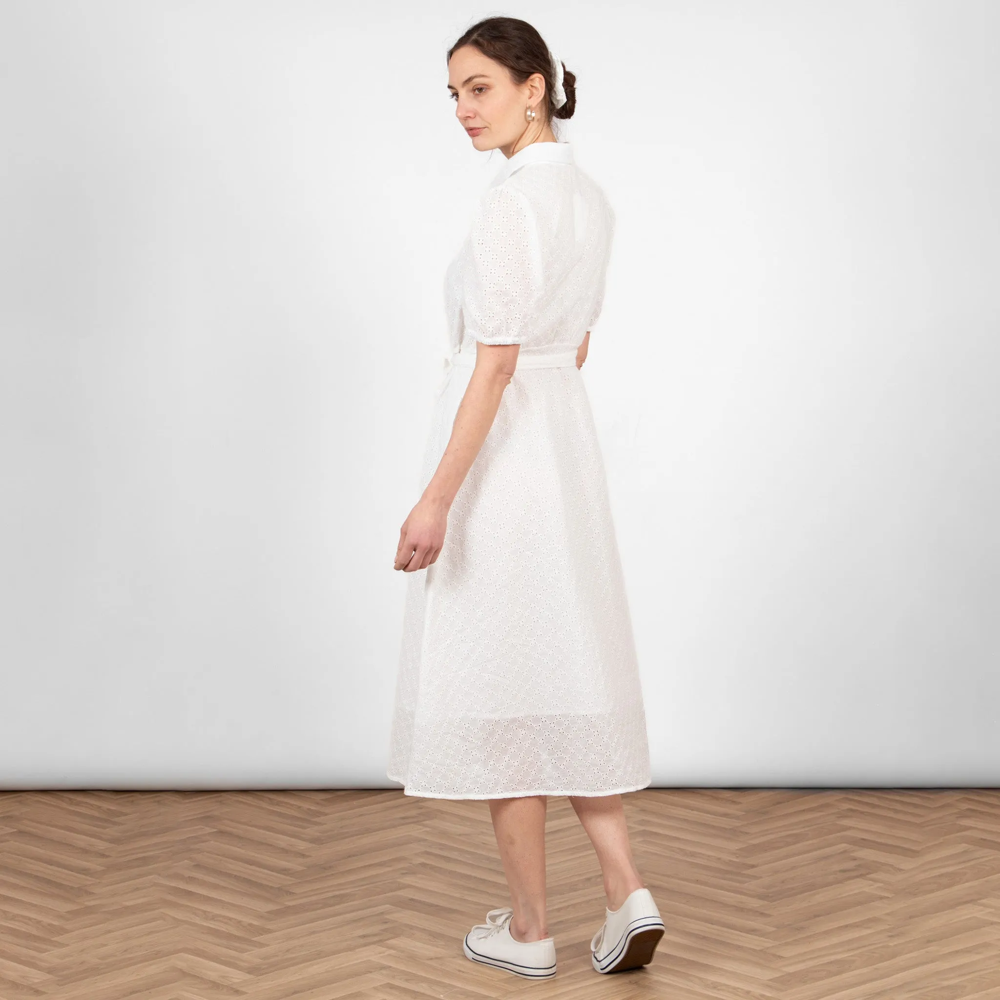 Elodie Cotton Fitted Midi Shirt Dress - White, Broderie Anglaise