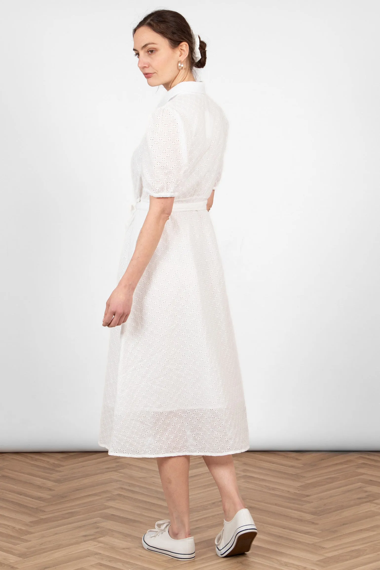 Elodie Cotton Fitted Midi Shirt Dress - White, Broderie Anglaise