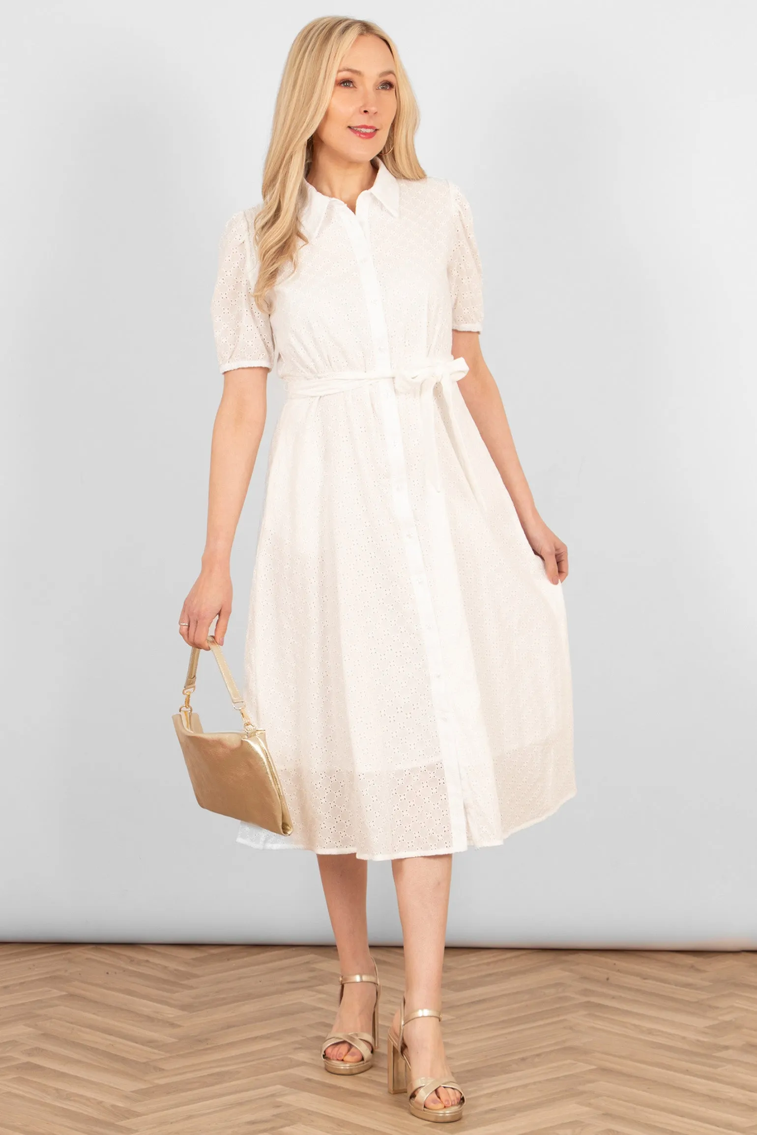 Elodie Cotton Fitted Midi Shirt Dress - White, Broderie Anglaise