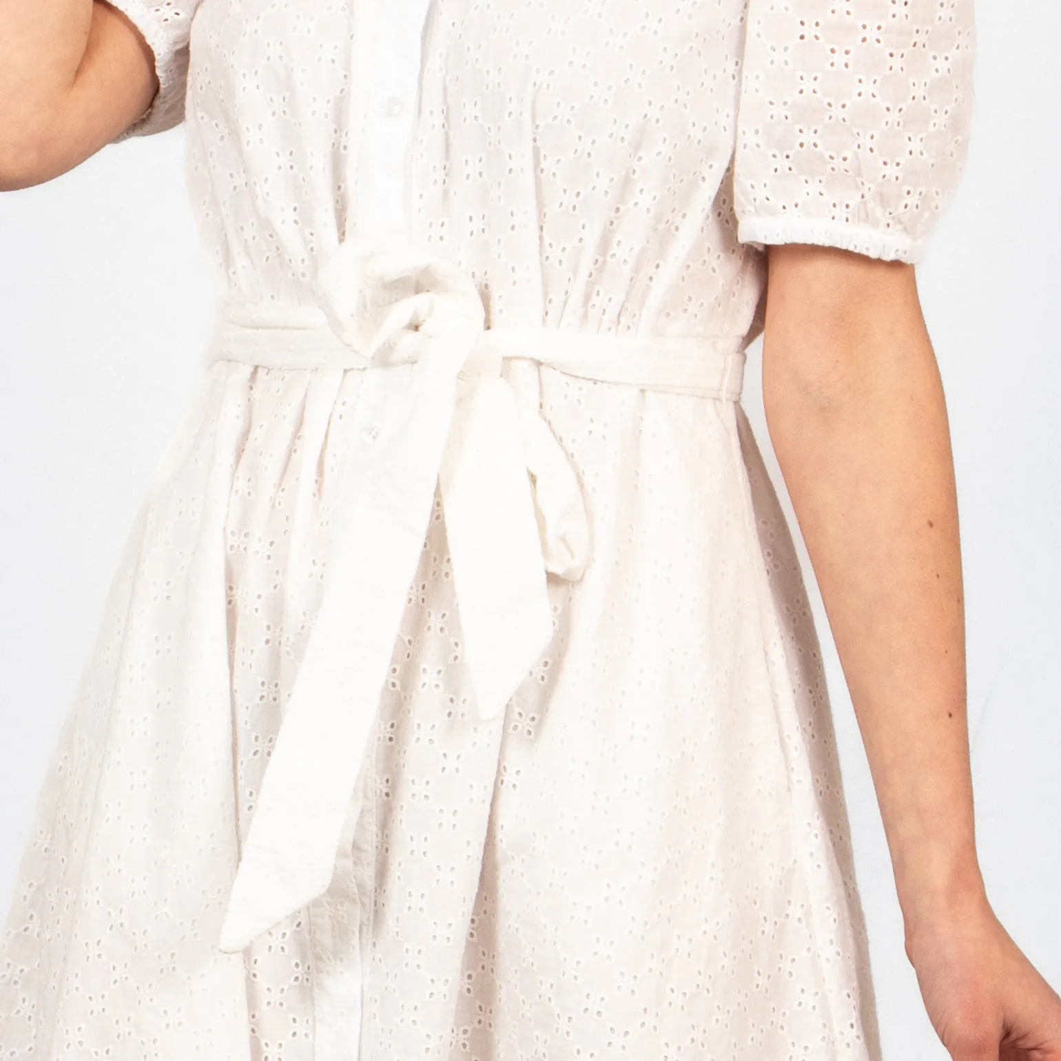 Elodie Cotton Fitted Midi Shirt Dress - White, Broderie Anglaise