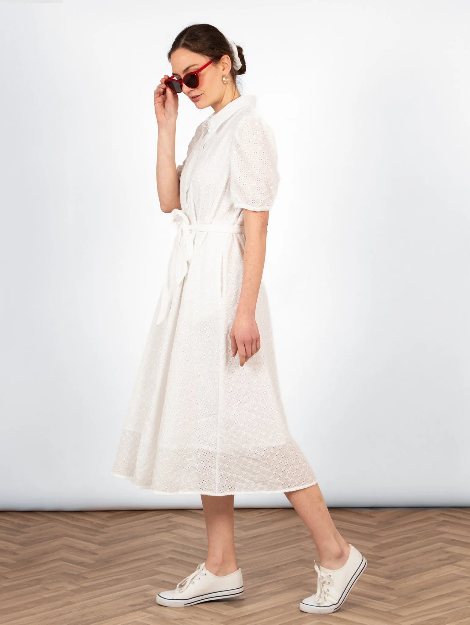 Elodie Cotton Fitted Midi Shirt Dress - White, Broderie Anglaise