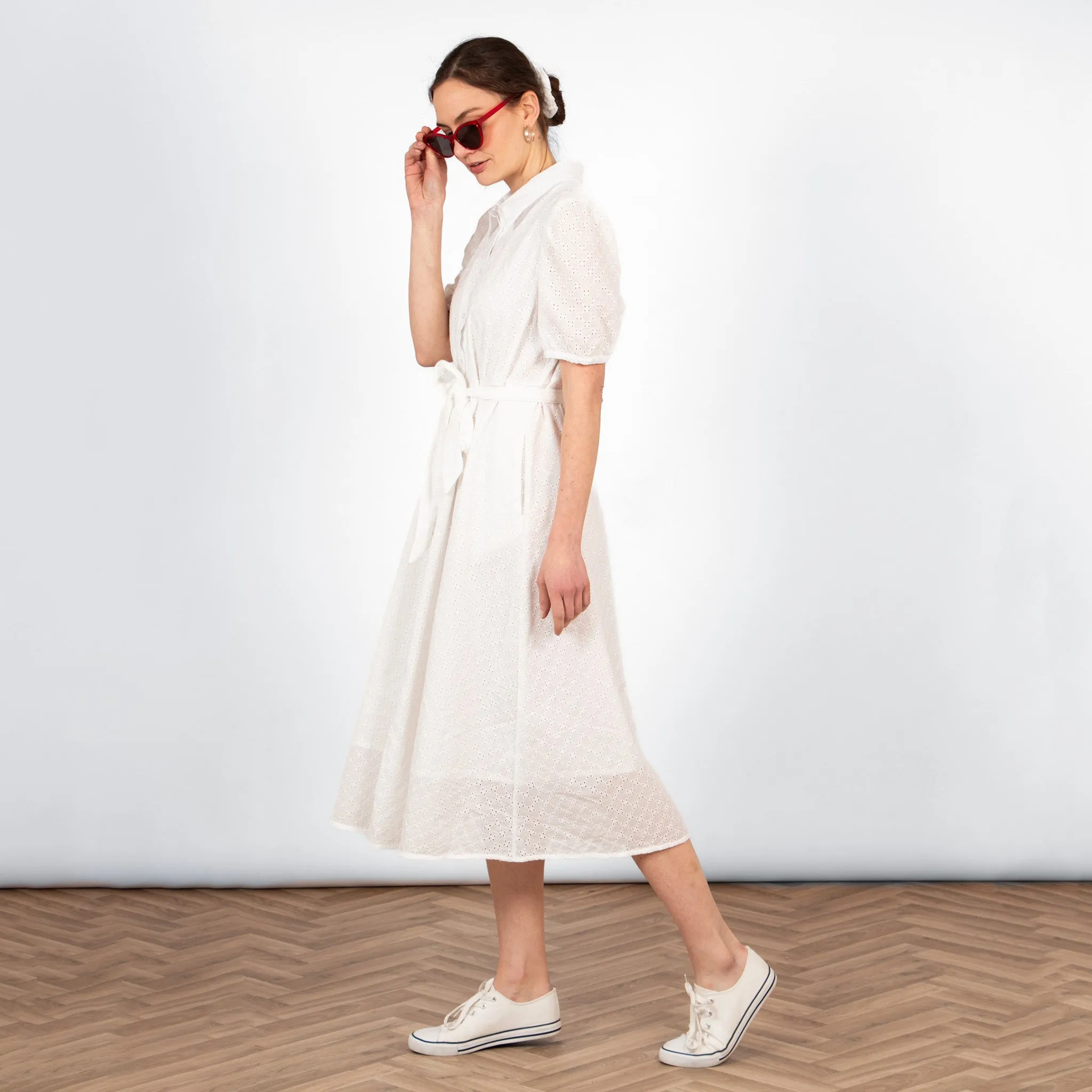 Elodie Cotton Fitted Midi Shirt Dress - White, Broderie Anglaise