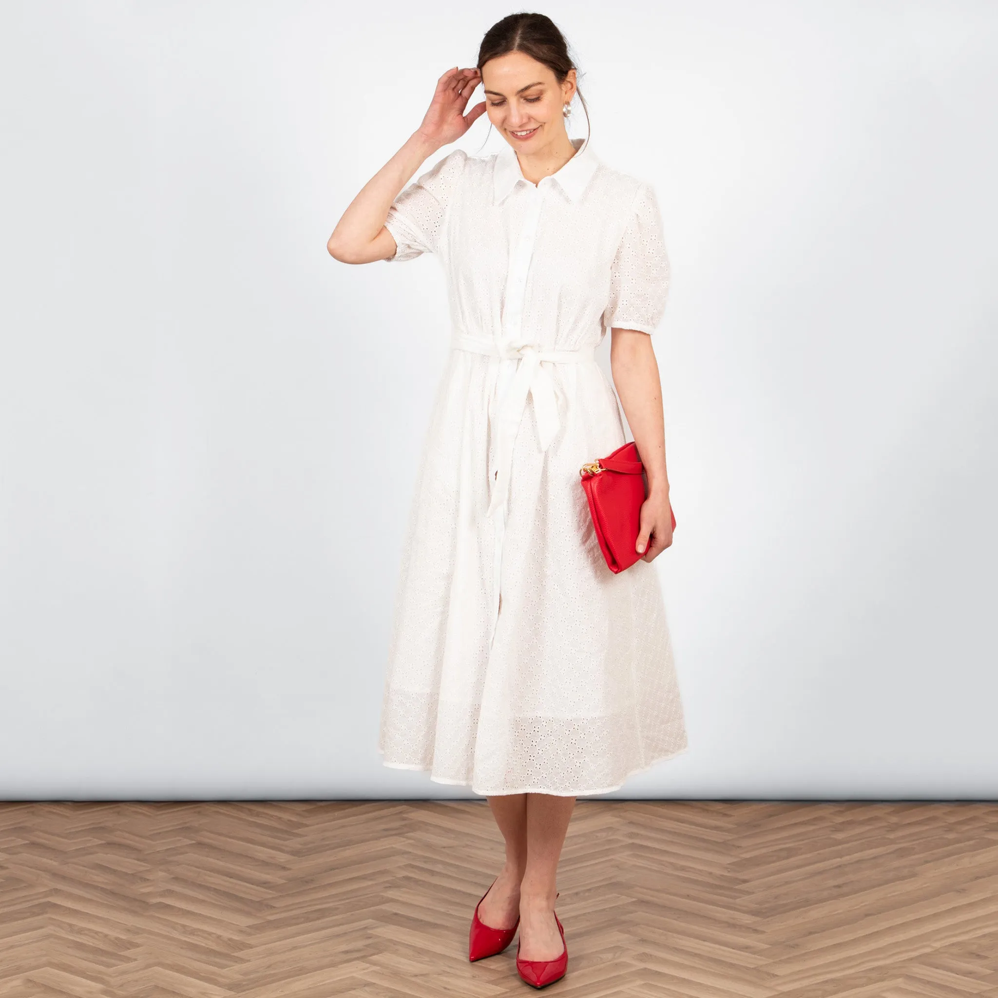 Elodie Cotton Fitted Midi Shirt Dress - White, Broderie Anglaise