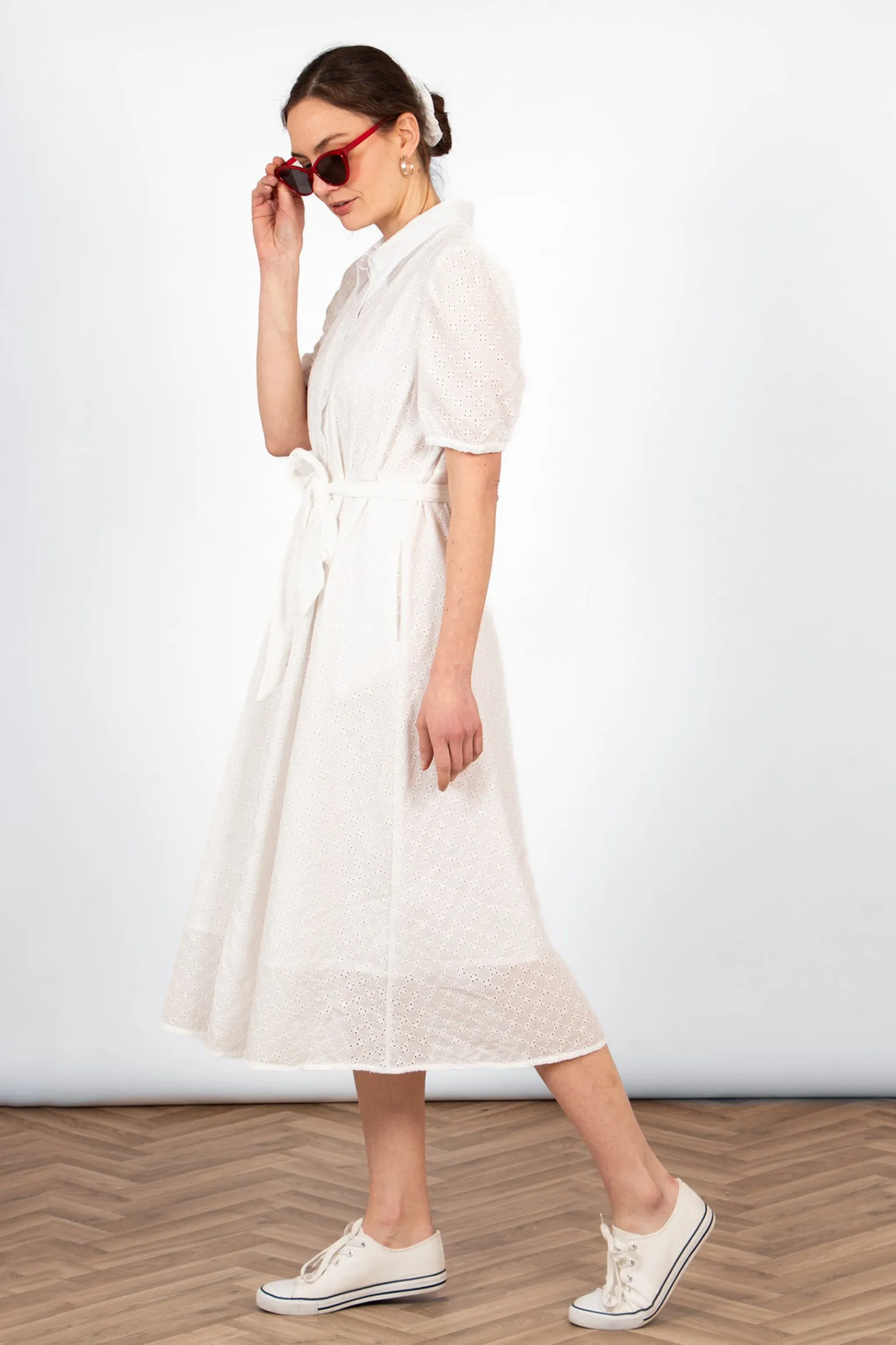 Elodie Cotton Fitted Midi Shirt Dress - White, Broderie Anglaise