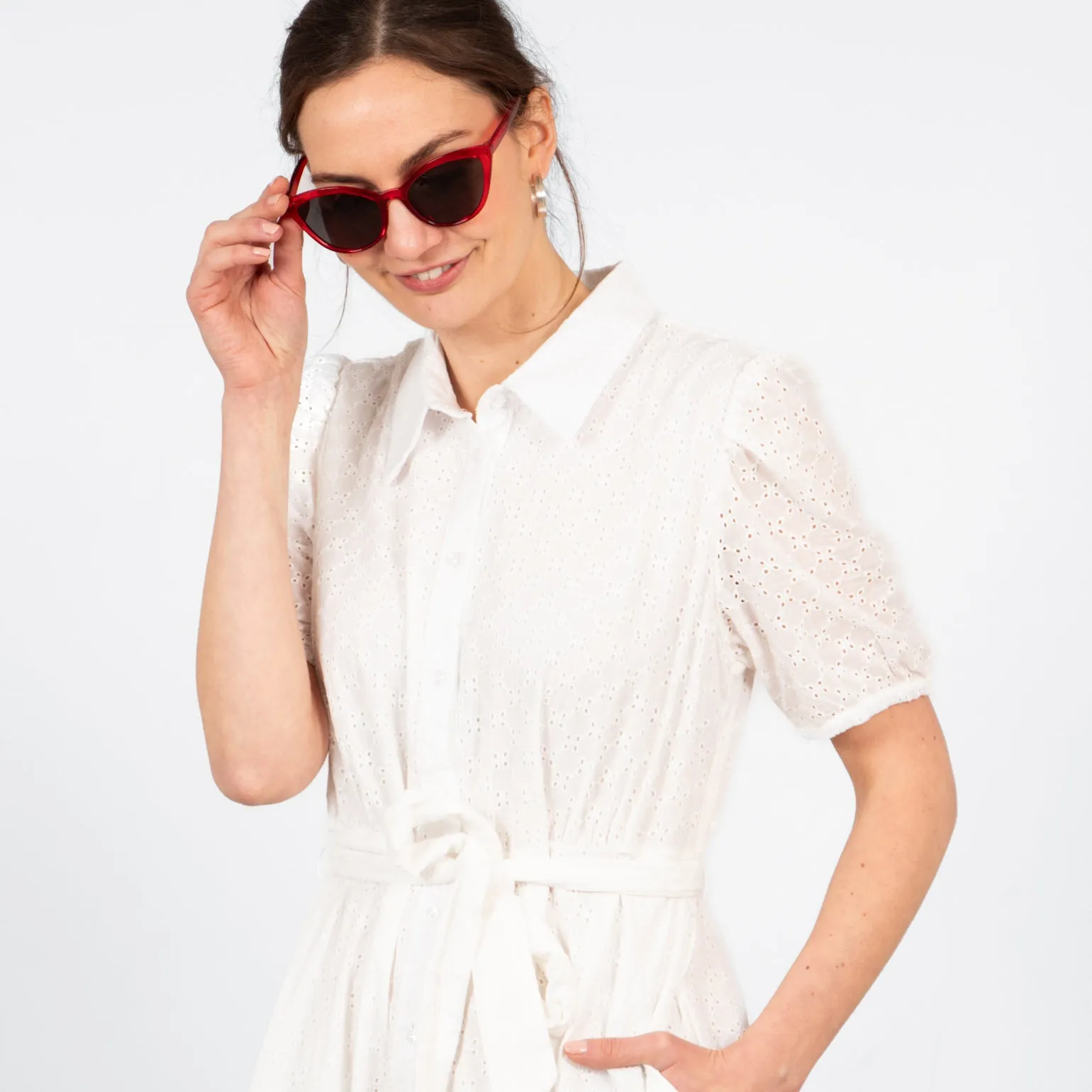 Elodie Cotton Fitted Midi Shirt Dress - White, Broderie Anglaise