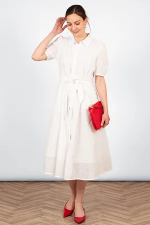 Elodie Cotton Fitted Midi Shirt Dress - White, Broderie Anglaise