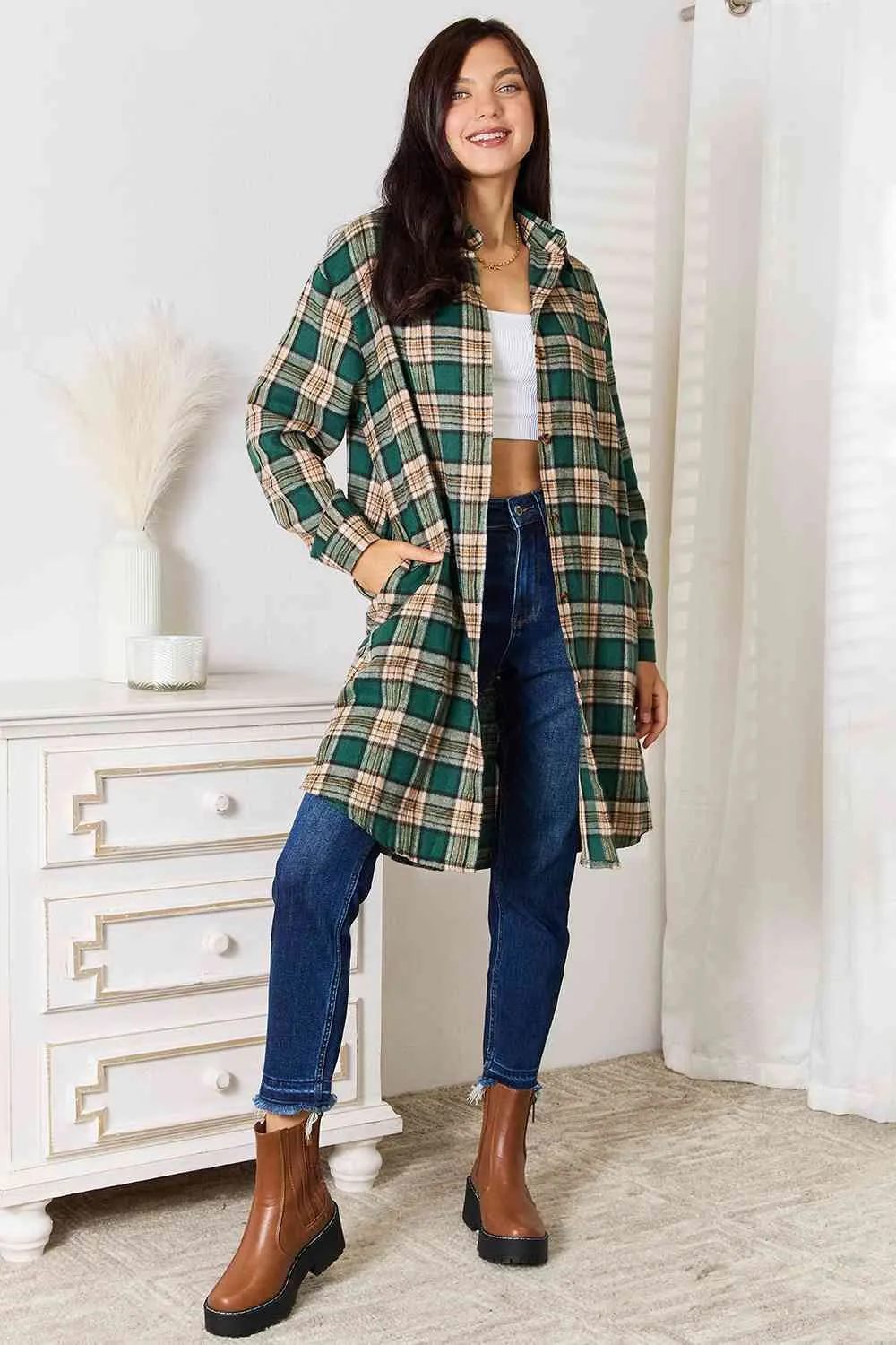 Extra Long Plaid Shirt in Green