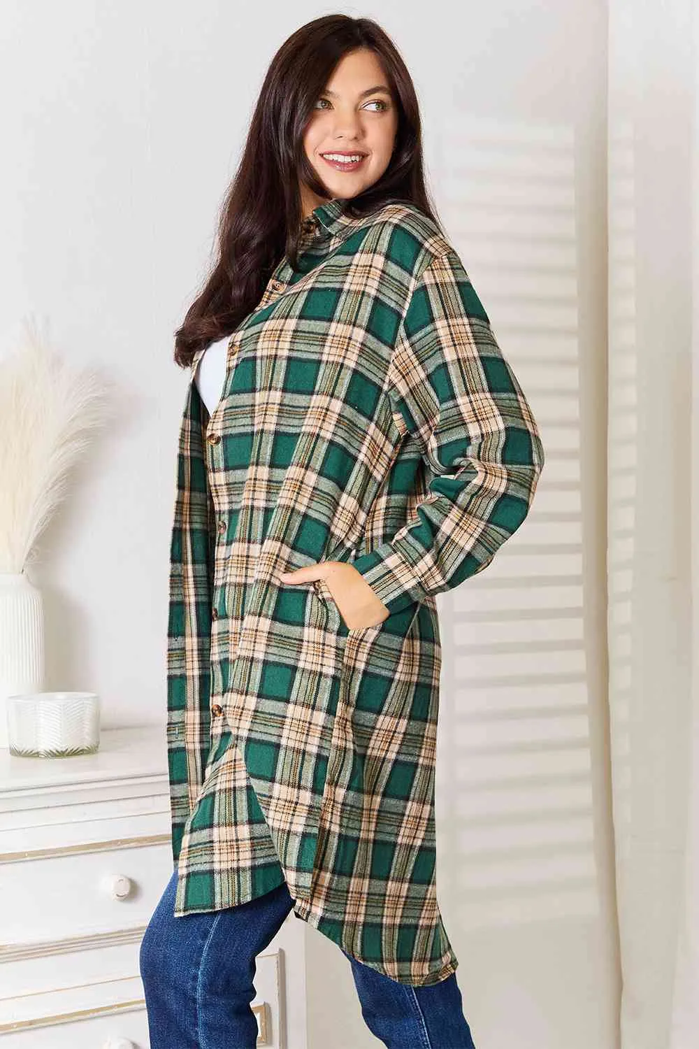 Extra Long Plaid Shirt in Green