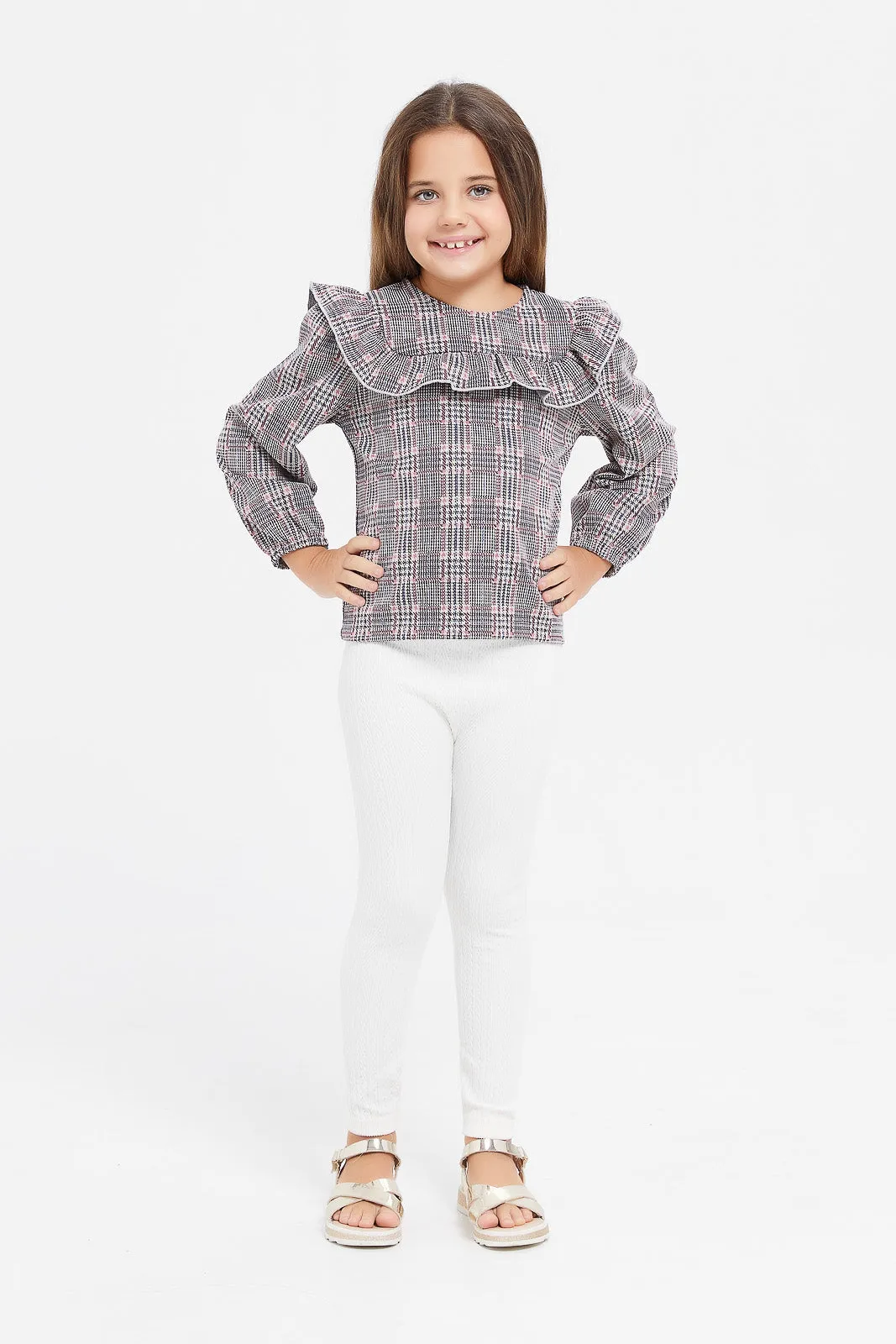 Girls Grey Checkered Frilled Blouse
