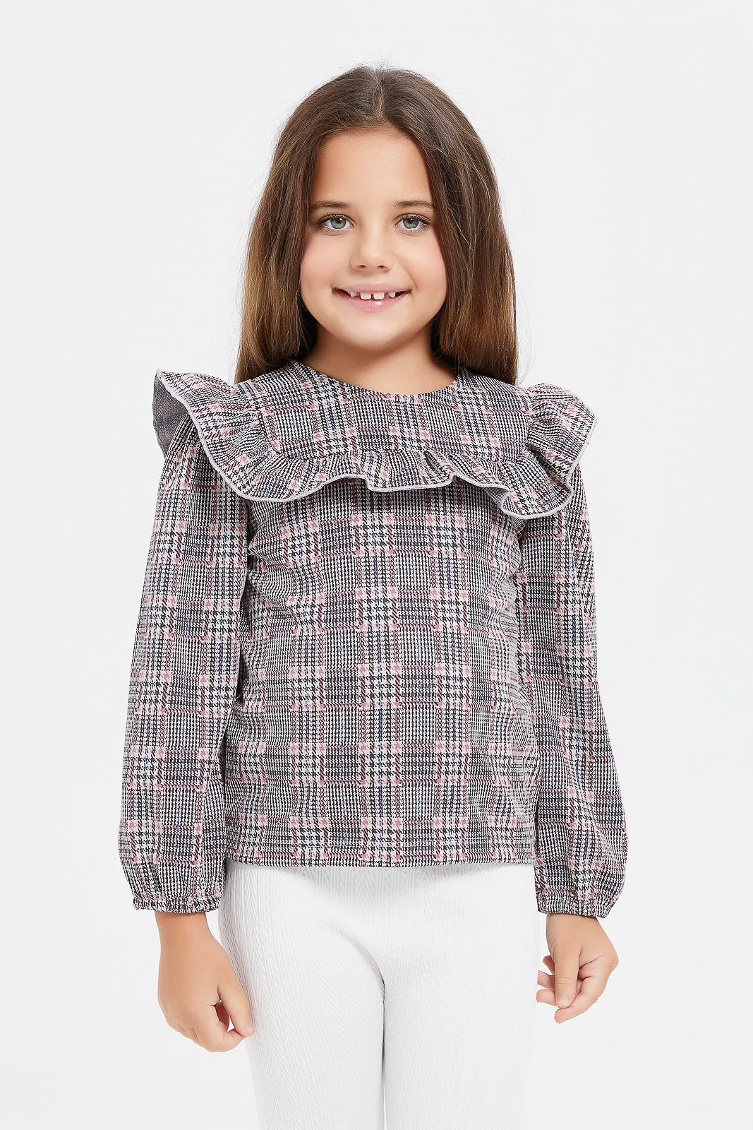 Girls Grey Checkered Frilled Blouse