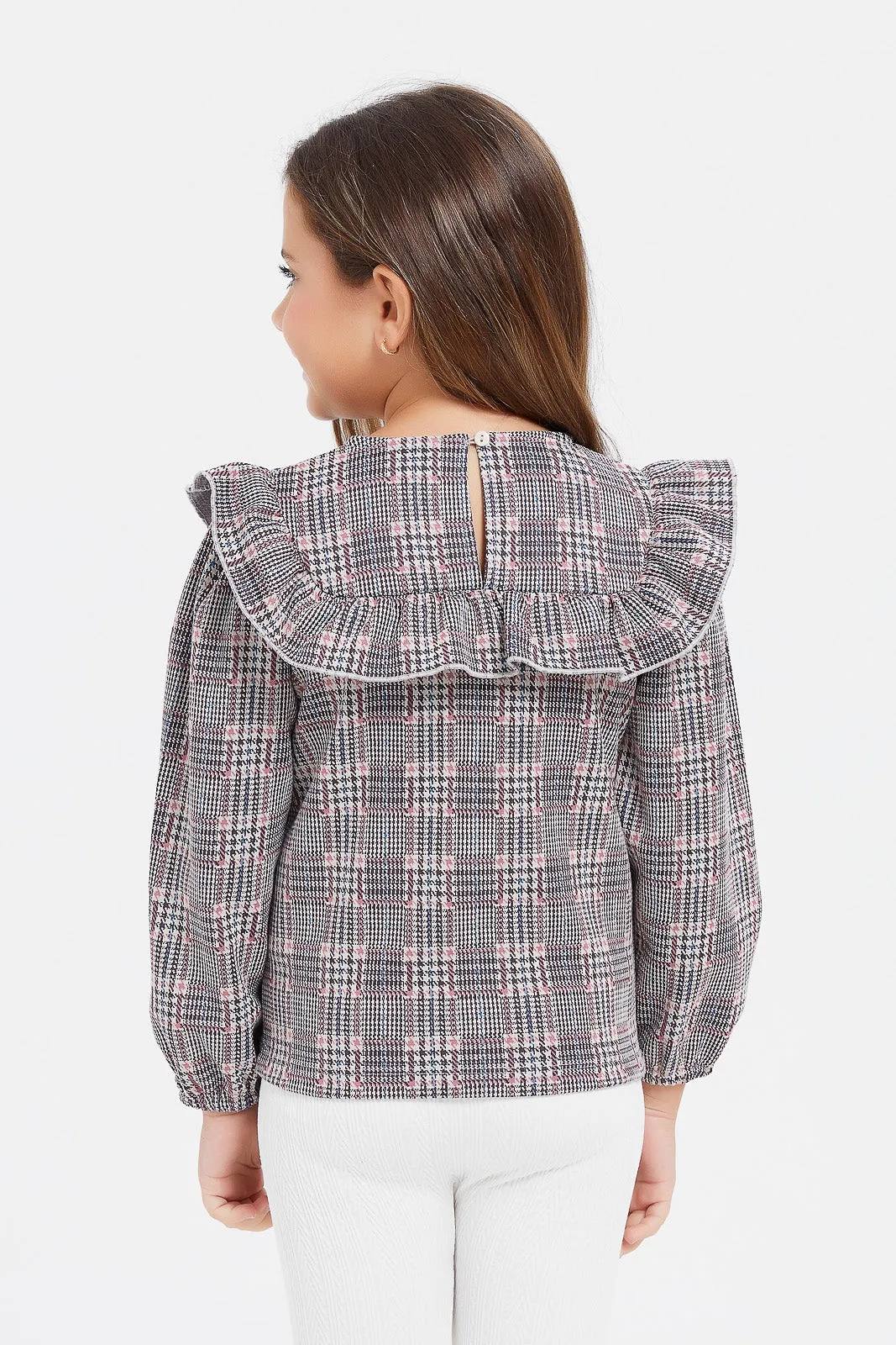Girls Grey Checkered Frilled Blouse