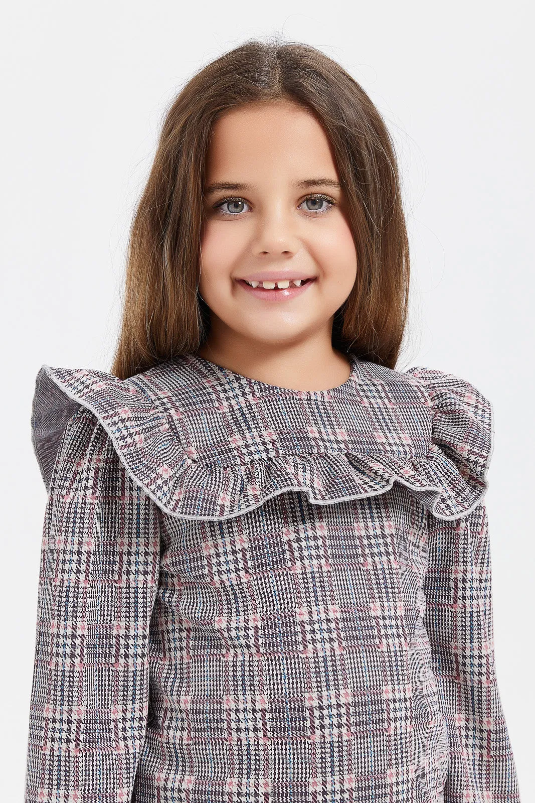 Girls Grey Checkered Frilled Blouse