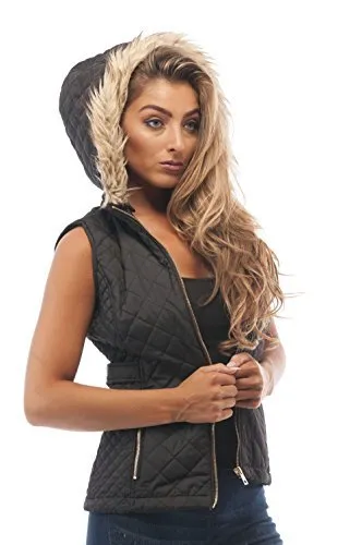 Hollywood Star Fashion Quilted Padded Vest With Fur On The Hoodie