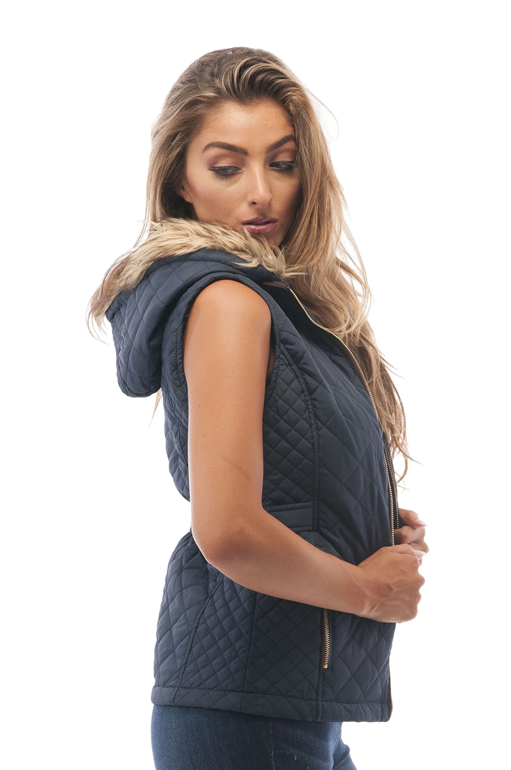 Hollywood Star Fashion Quilted Padded Vest With Fur On The Hoodie