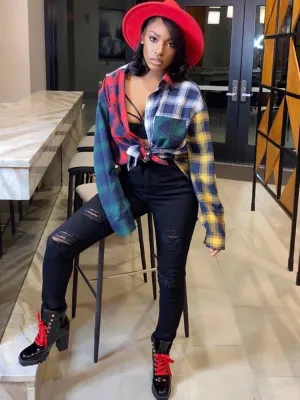 Long Sleeve Colorful Patchwork Shirt Tops