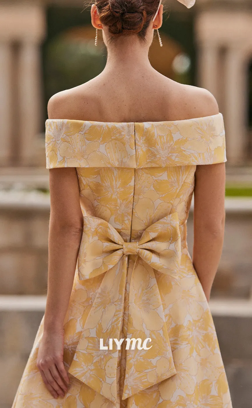 M1210 - Off-Shoulder Sleeves Pleated Floral Bowknots A-Line Mother of Bride Dress Cocktail Dress