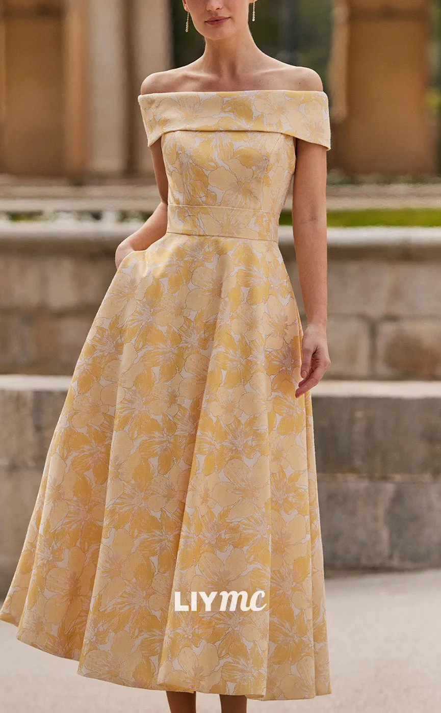 M1210 - Off-Shoulder Sleeves Pleated Floral Bowknots A-Line Mother of Bride Dress Cocktail Dress