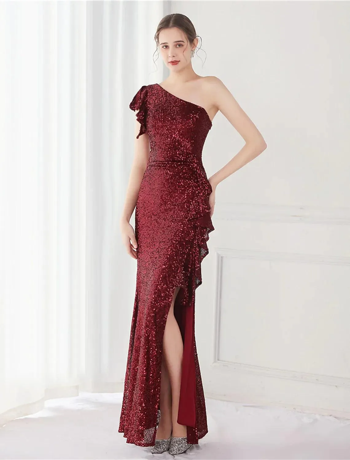 Mermaid / Trumpet Elegant Sexy Wedding Guest Formal Evening Dress One Shoulder V Back Sleeveless Floor Length Sequined with Sequin Slit