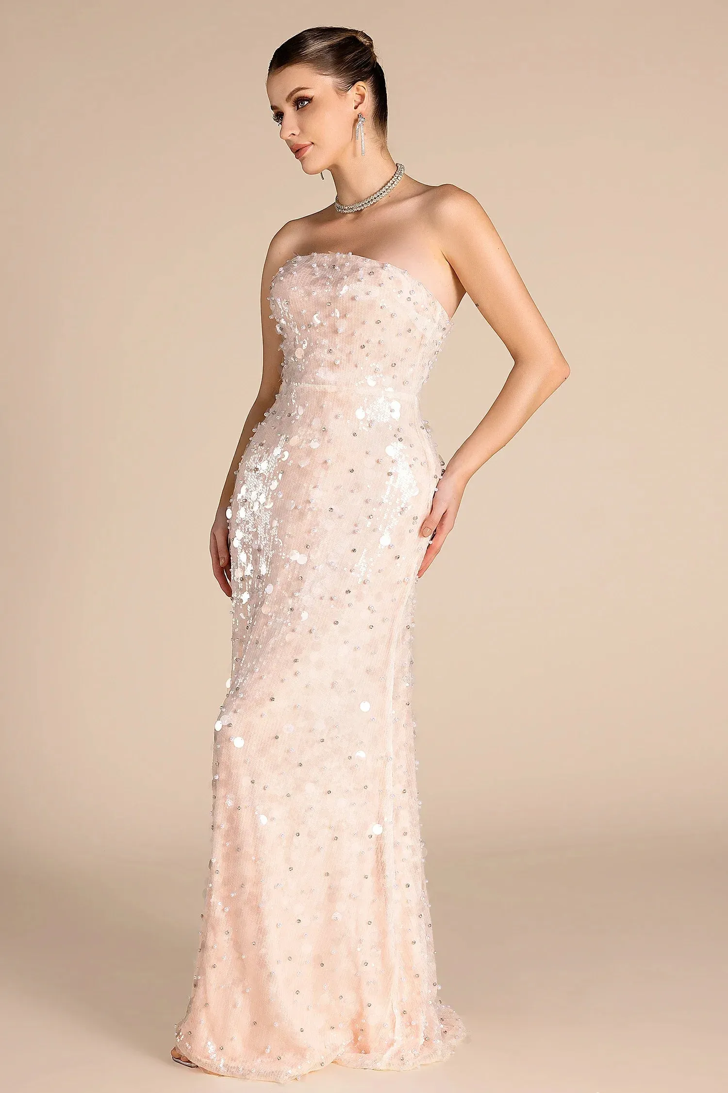 Nishem Off Shoulder Sequin Beaded Dress