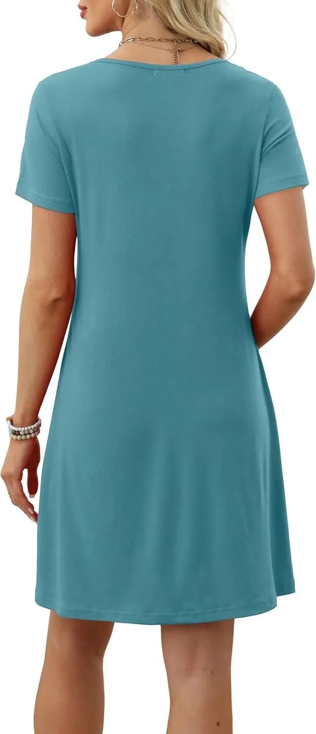 OFEEFAN Summer Dresses for Women 2025 Loose U Neck Short Sleeve Casual Beach Vacation Tshirt Dress Sundresses wih Pockets