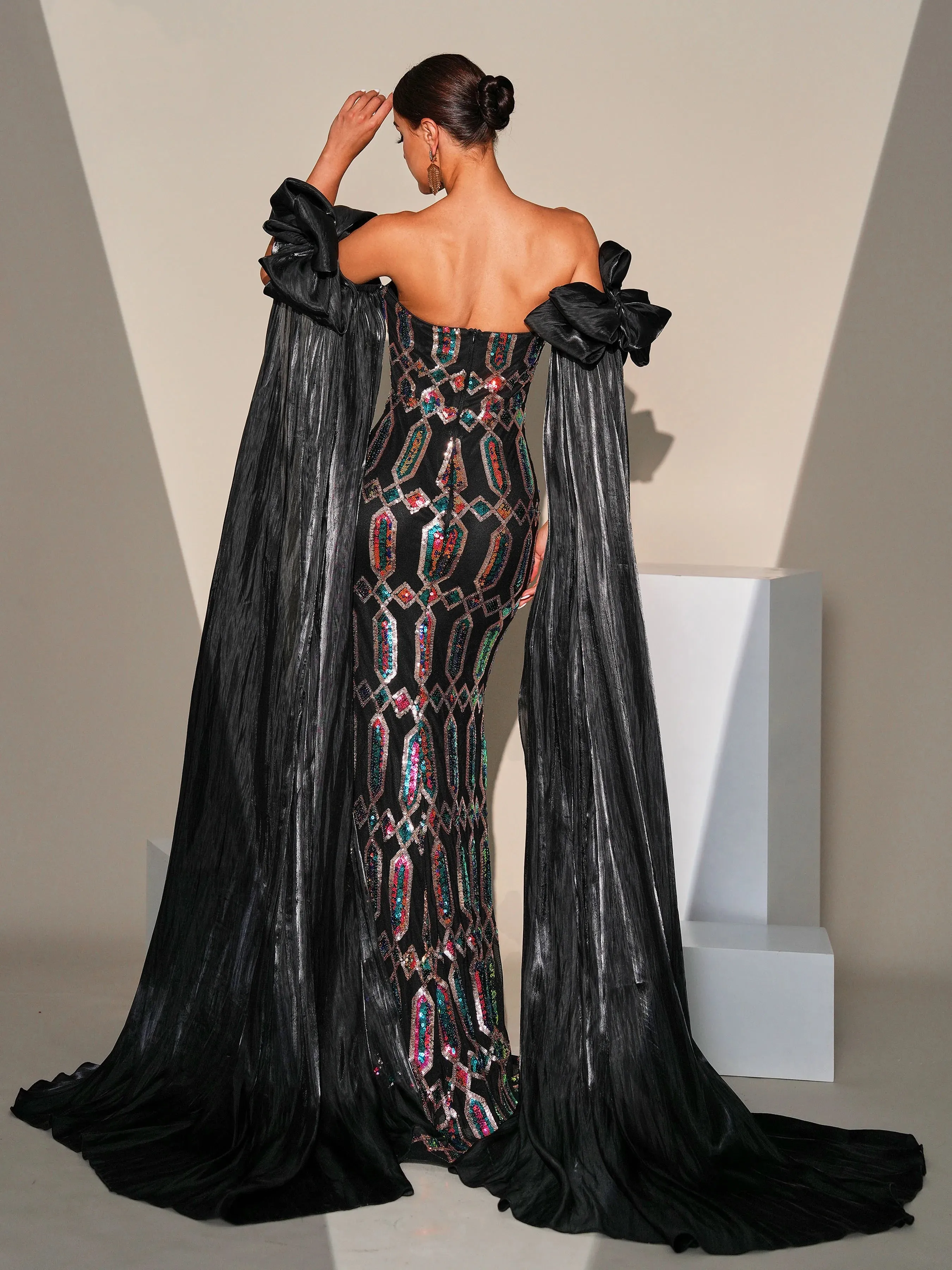 Off Shoulder Sequin Geometric Mermaid Gown Formal Maxi Dress