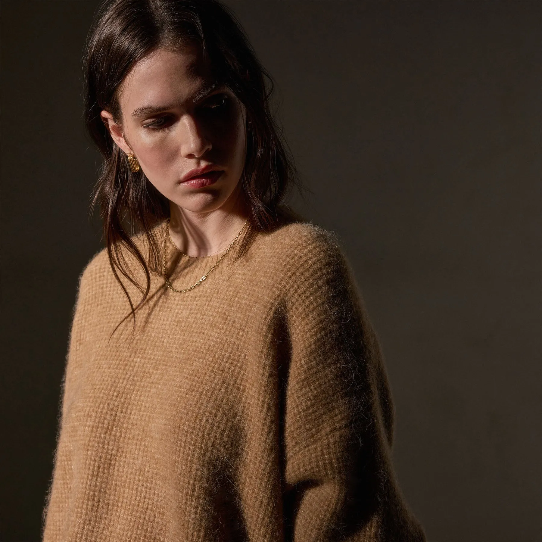 Oversized Waffle Knit Crew - Camel