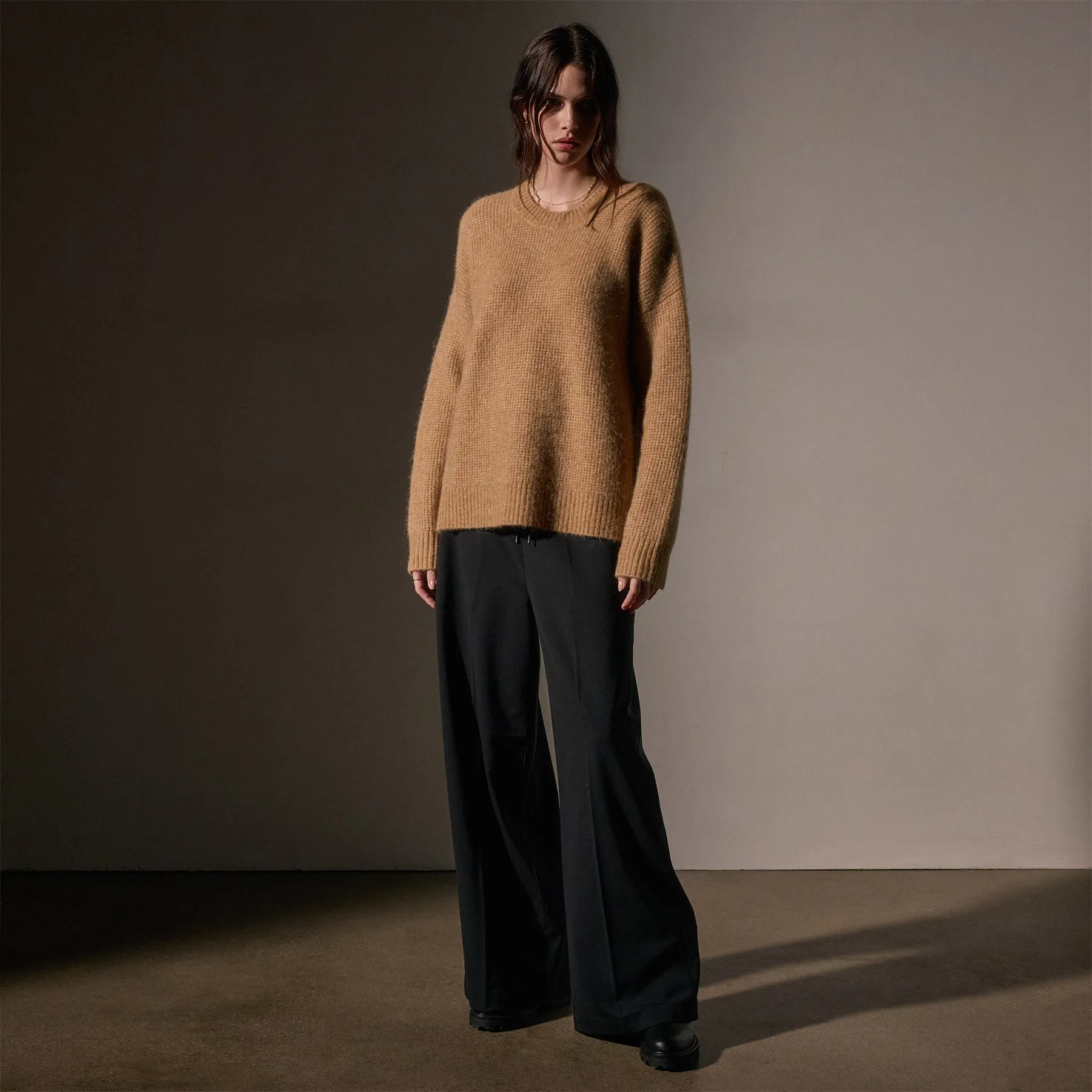 Oversized Waffle Knit Crew - Camel