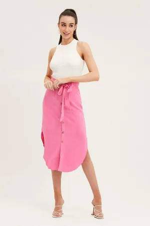 Pink Linen Blend Curved Hem Midi Skirt